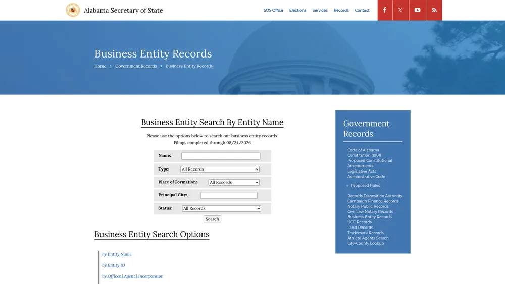 Screenshot of the Alabama Secretary of State business entity search form