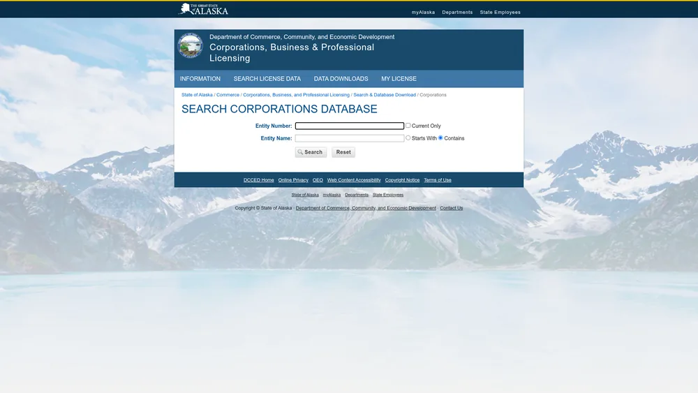 Screenshot of the Alaska Secretary of State business entity search form