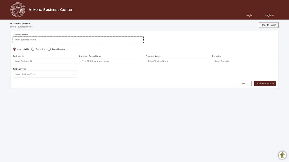 Screenshot of the Arizona Secretary of State business entity search form