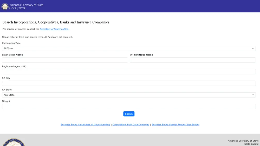 Screenshot of the Arkansas Secretary of State business entity search form