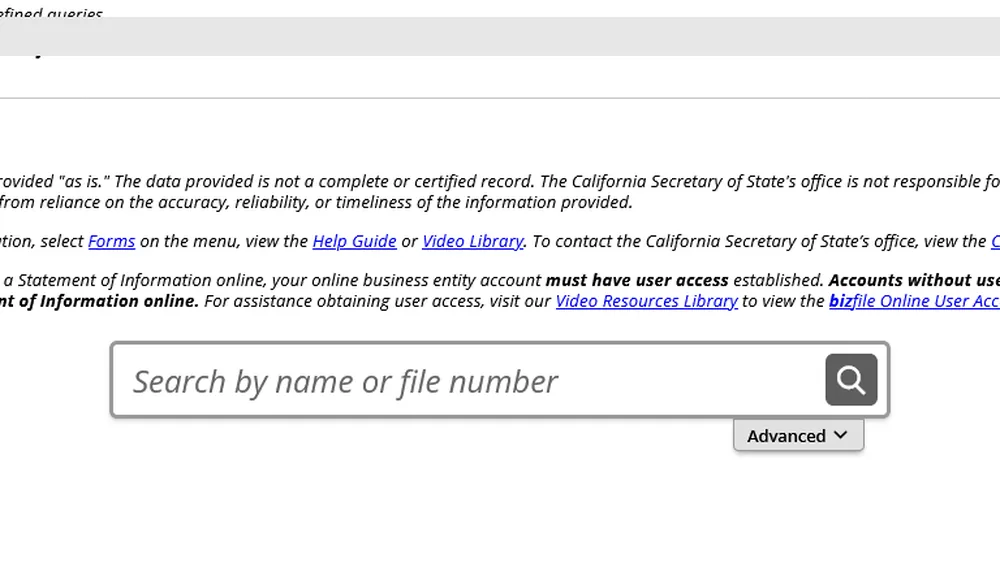 Screenshot of the California Secretary of State business entity search form