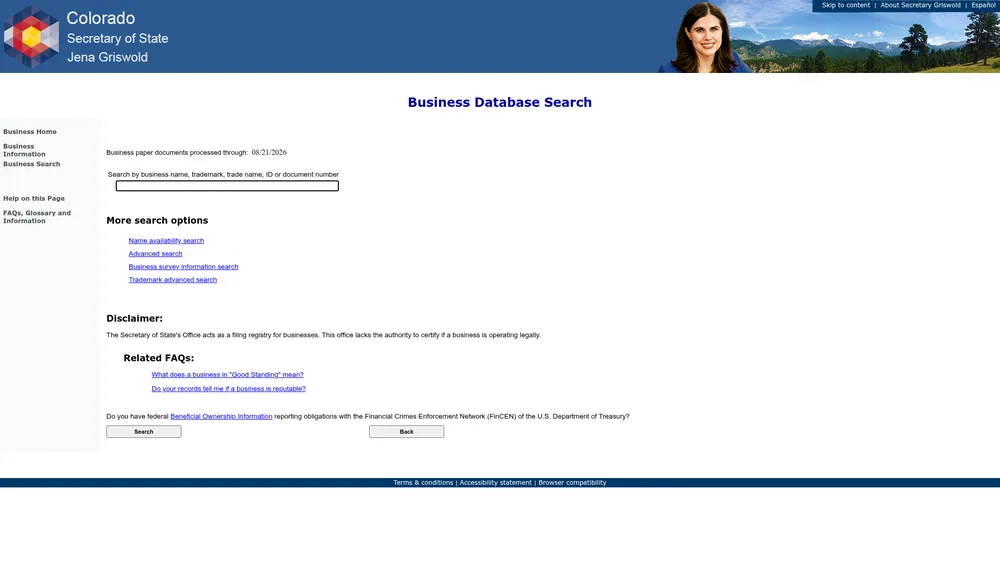 Screenshot of the Colorado Secretary of State business entity search form