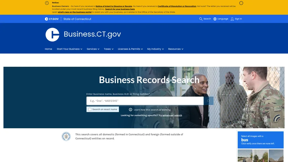 Screenshot of the Connecticut Secretary of State business entity search form