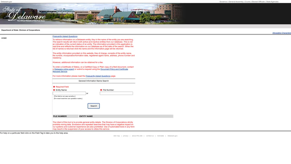 Screenshot of the Delaware Secretary of State business entity search form