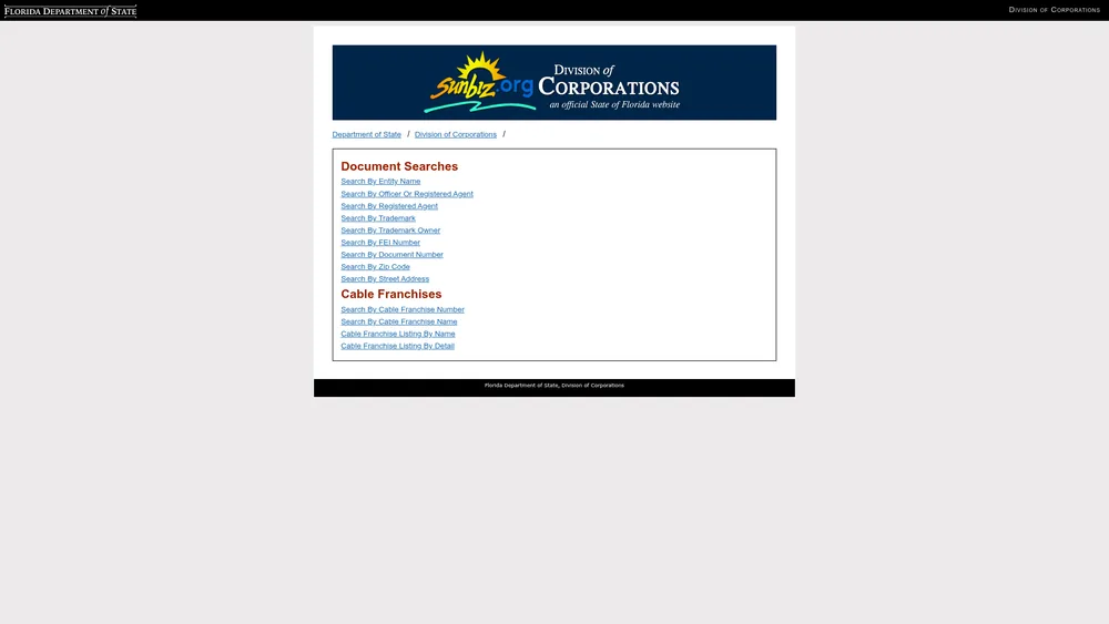 Screenshot of the Florida Secretary of State business entity search form