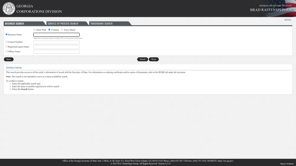 Screenshot of the Georgia Secretary of State business entity search form