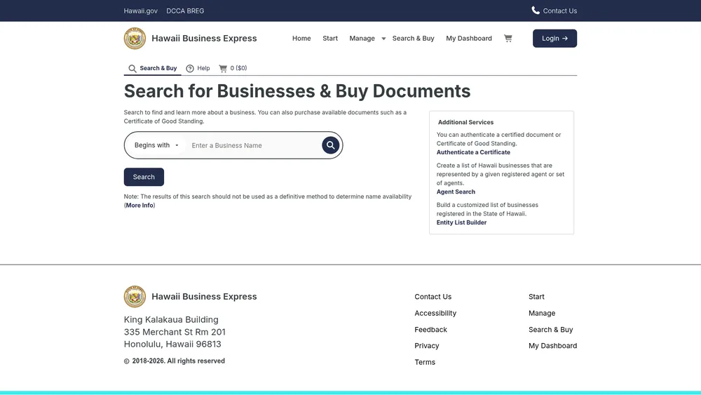 Screenshot of the Hawaii Secretary of State business entity search form