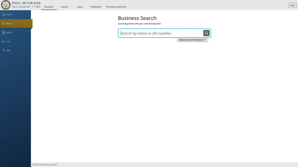 Screenshot of the Idaho Secretary of State business entity search form
