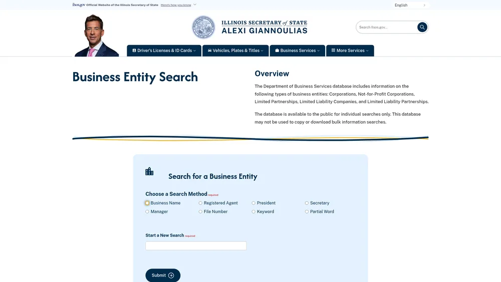 Screenshot of the Illinois Secretary of State business entity search form