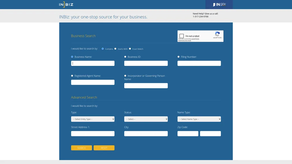 Screenshot of the Indiana Secretary of State business entity search form