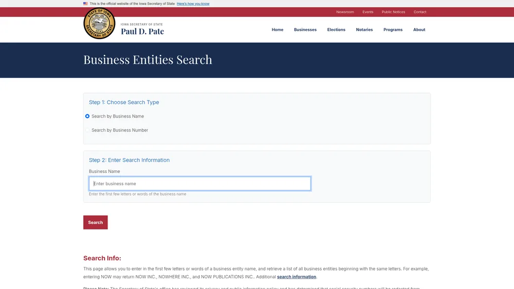 Screenshot of the Iowa Secretary of State business entity search form