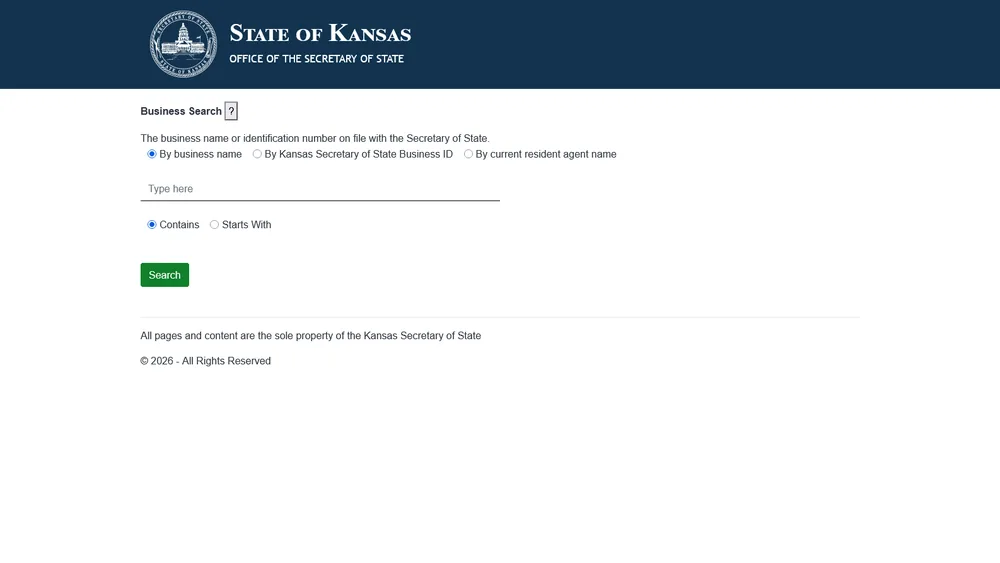 Screenshot of the Kansas Secretary of State business entity search form