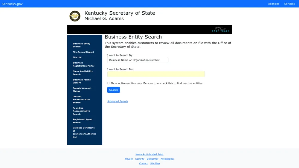 Screenshot of the Kentucky Secretary of State business entity search form