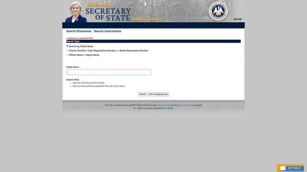 Screenshot of the Louisiana Secretary of State business entity search form