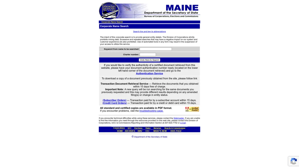Screenshot of the Maine Secretary of State business entity search form