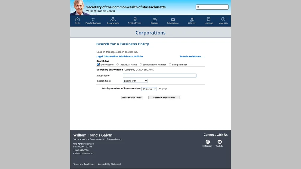 Screenshot of the Massachusetts Secretary of State business entity search form