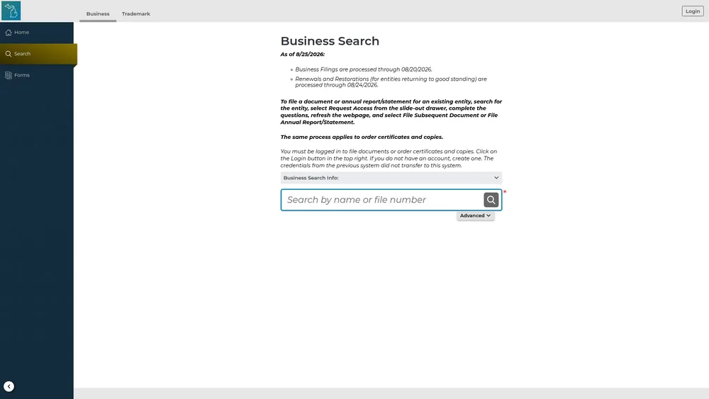 Screenshot of the Michigan Secretary of State business entity search form