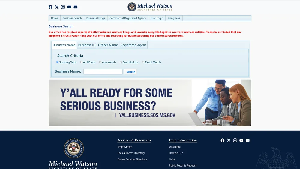 Screenshot of the Mississippi Secretary of State business entity search form