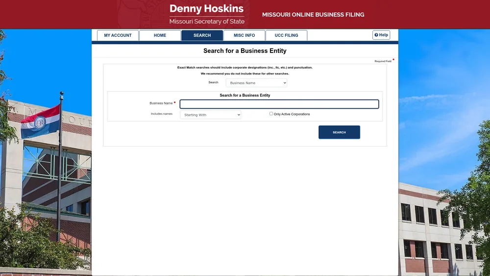Screenshot of the Missouri Secretary of State business entity search form