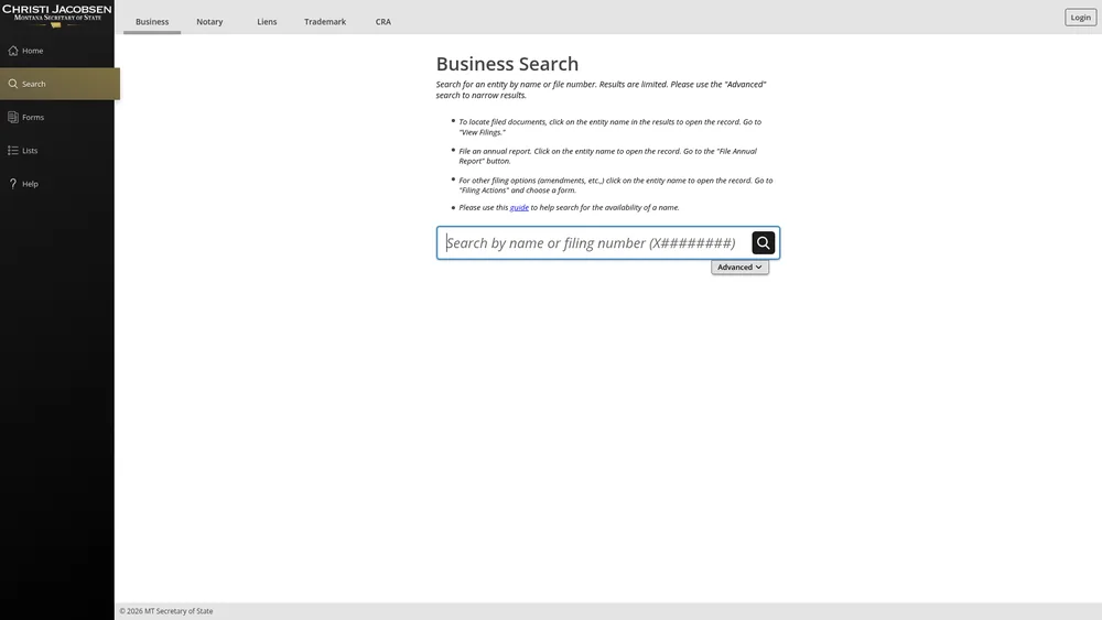 Screenshot of the Montana Secretary of State business entity search form