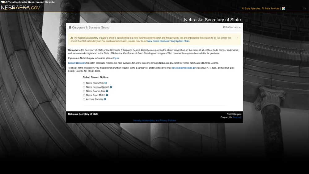 Screenshot of the Nebraska Secretary of State business entity search form