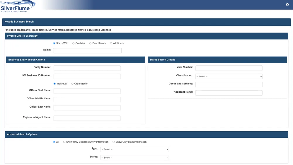 Screenshot of the Nevada Secretary of State business entity search form