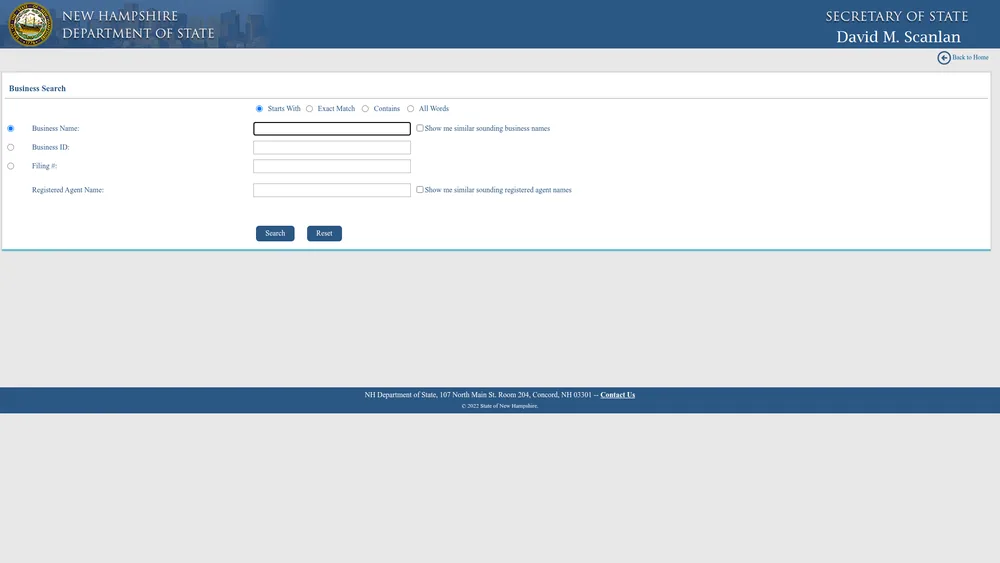 Screenshot of the New Hampshire Secretary of State business entity search form