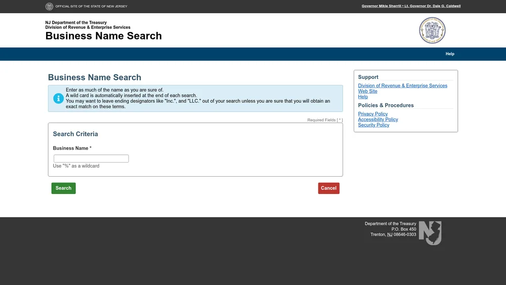 Screenshot of the New Jersey Secretary of State business entity search form