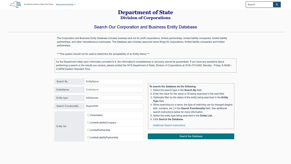 Screenshot of the New York Secretary of State business entity search form