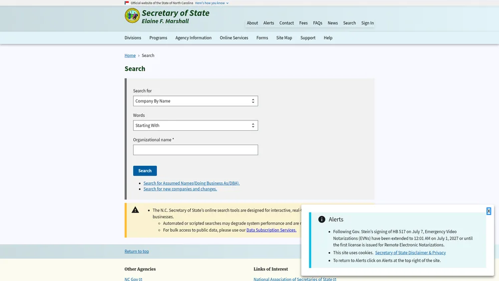 Screenshot of the North Carolina Secretary of State business entity search form