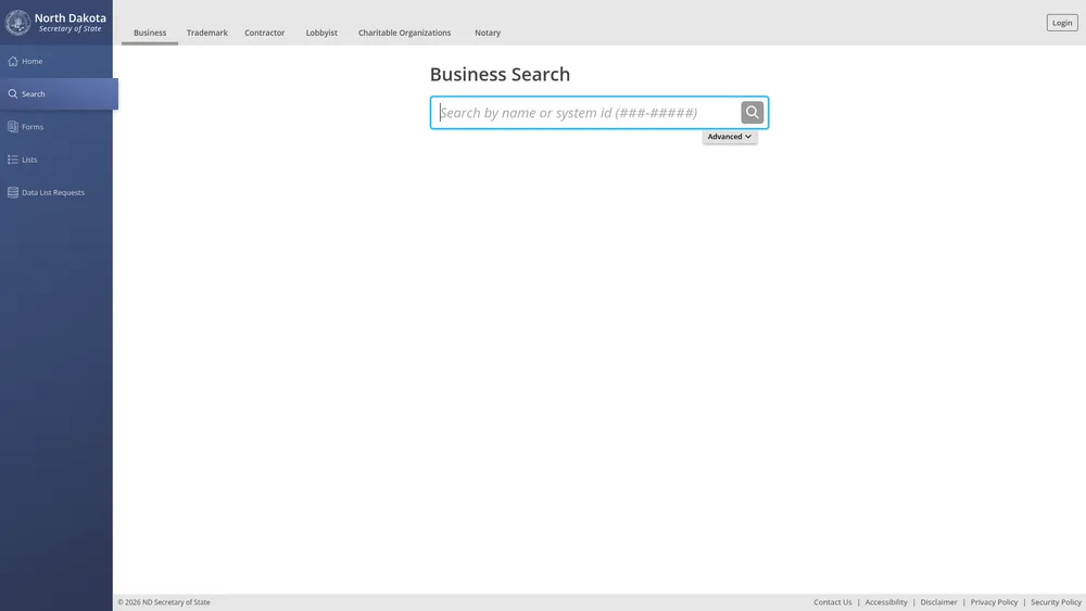 Screenshot of the North Dakota Secretary of State business entity search form