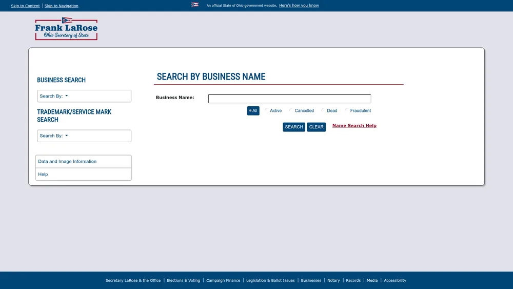 Screenshot of the Ohio Secretary of State business entity search form