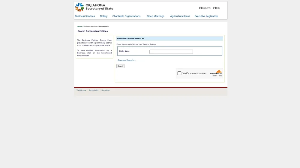 Screenshot of the Oklahoma Secretary of State business entity search form