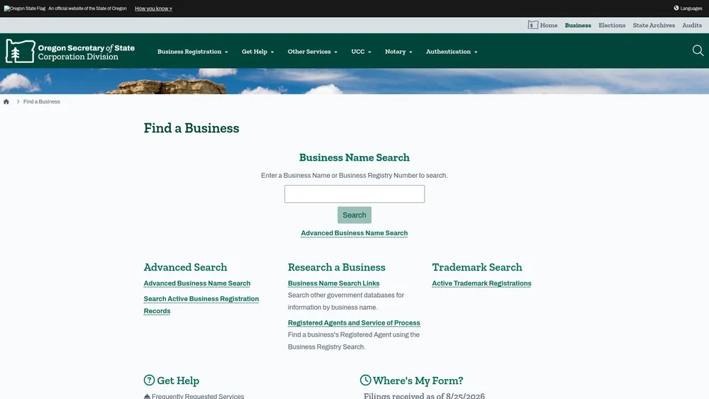 Screenshot of the Oregon Secretary of State business entity search form