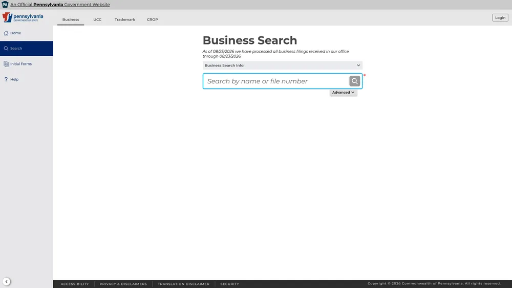 Screenshot of the Pennsylvania Secretary of State business entity search form