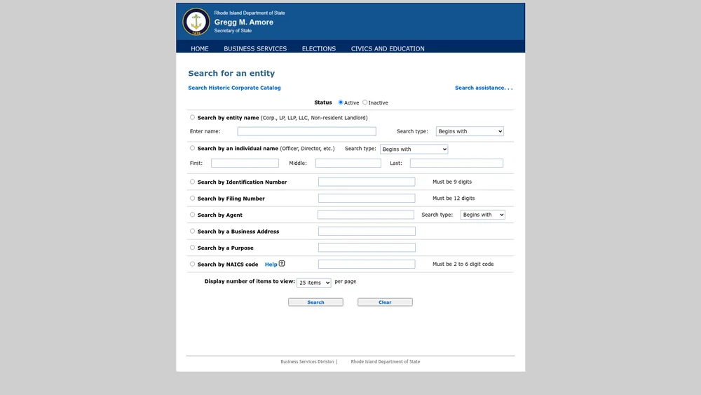 Screenshot of the Rhode Island Secretary of State business entity search form