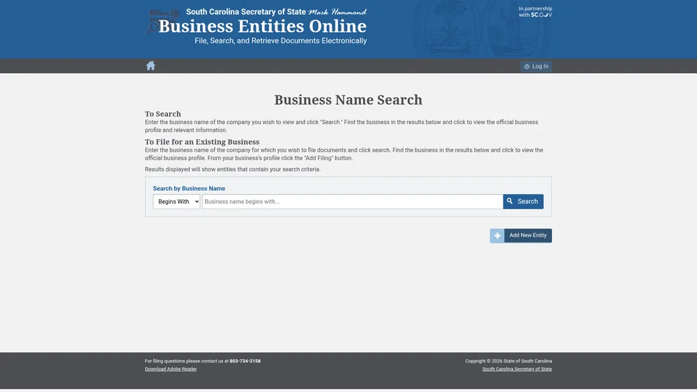 Screenshot of the South Carolina Secretary of State business entity search form