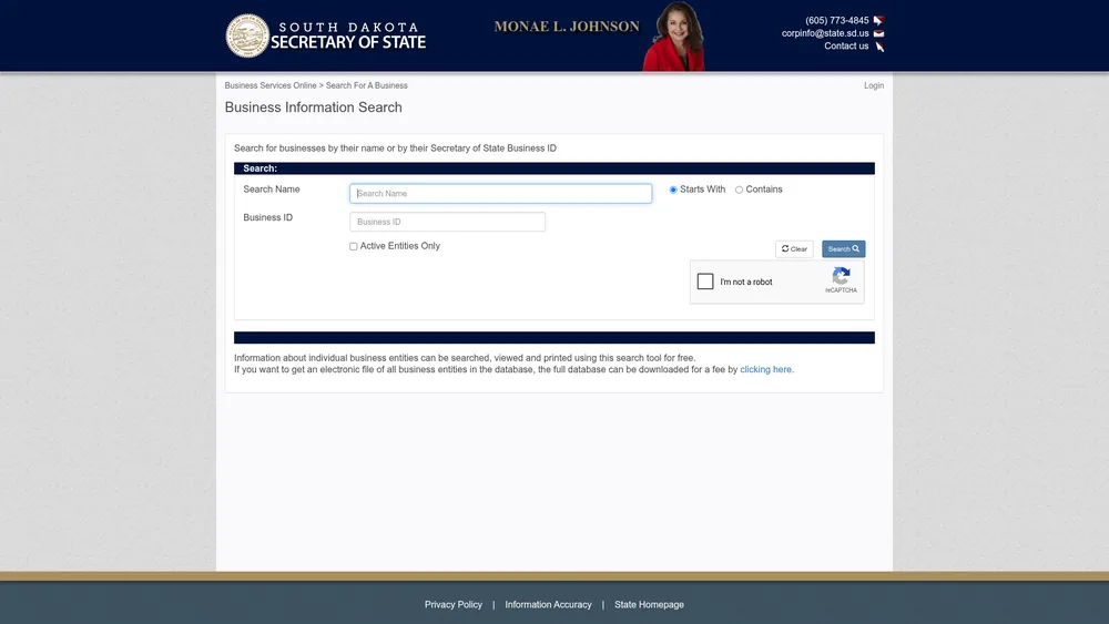 Screenshot of the South Dakota Secretary of State business entity search form