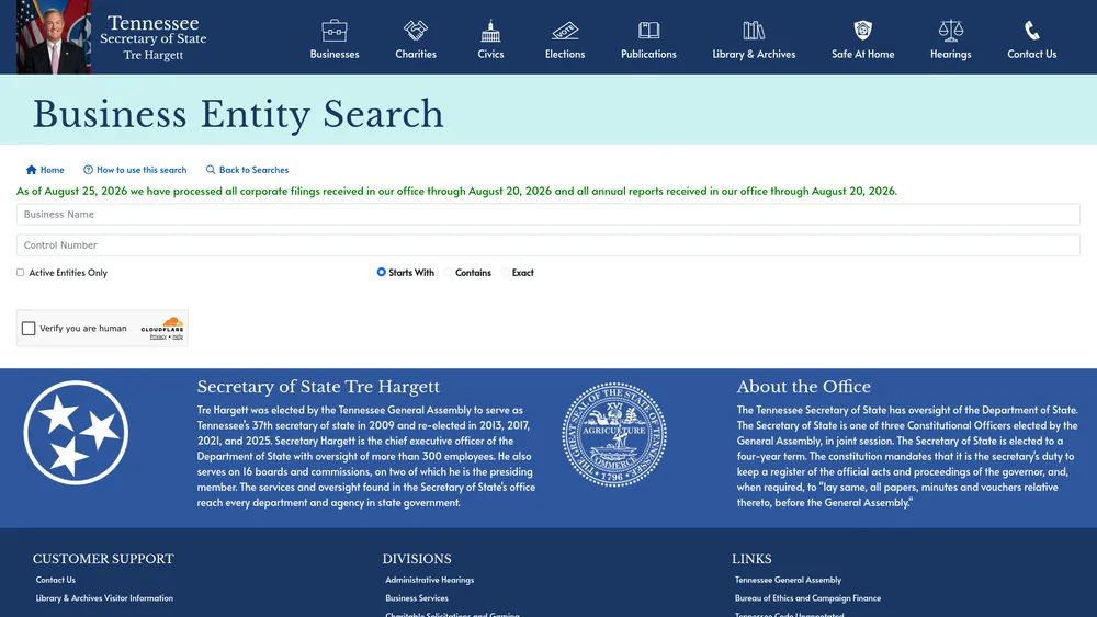 Screenshot of the Tennessee Secretary of State business entity search form