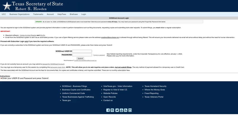 Screenshot of the Texas Secretary of State business entity search form