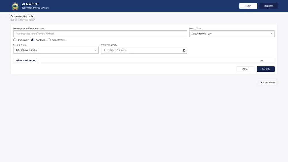 Screenshot of the Vermont Secretary of State business entity search form