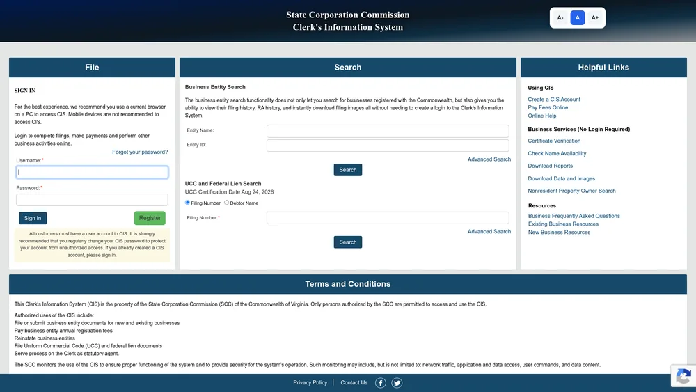 Screenshot of the Virginia Secretary of State business entity search form