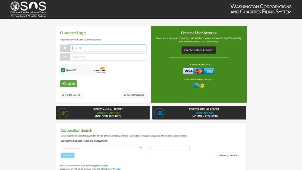 Screenshot of the Washington Secretary of State business entity search form