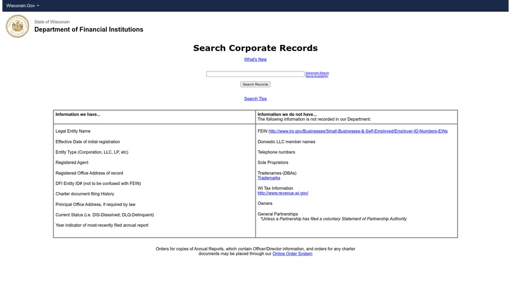 Screenshot of the Wisconsin Secretary of State business entity search form