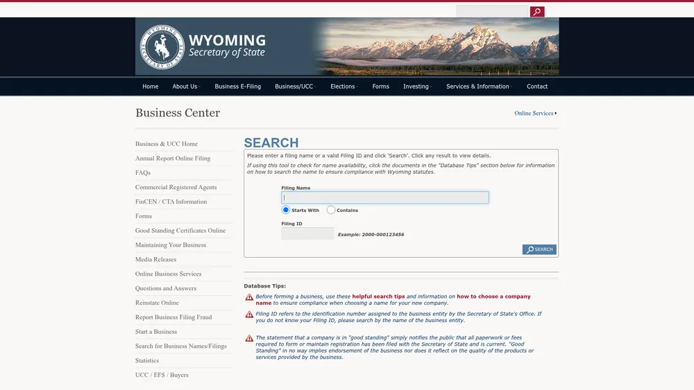 Screenshot of the Wyoming Secretary of State business entity search form